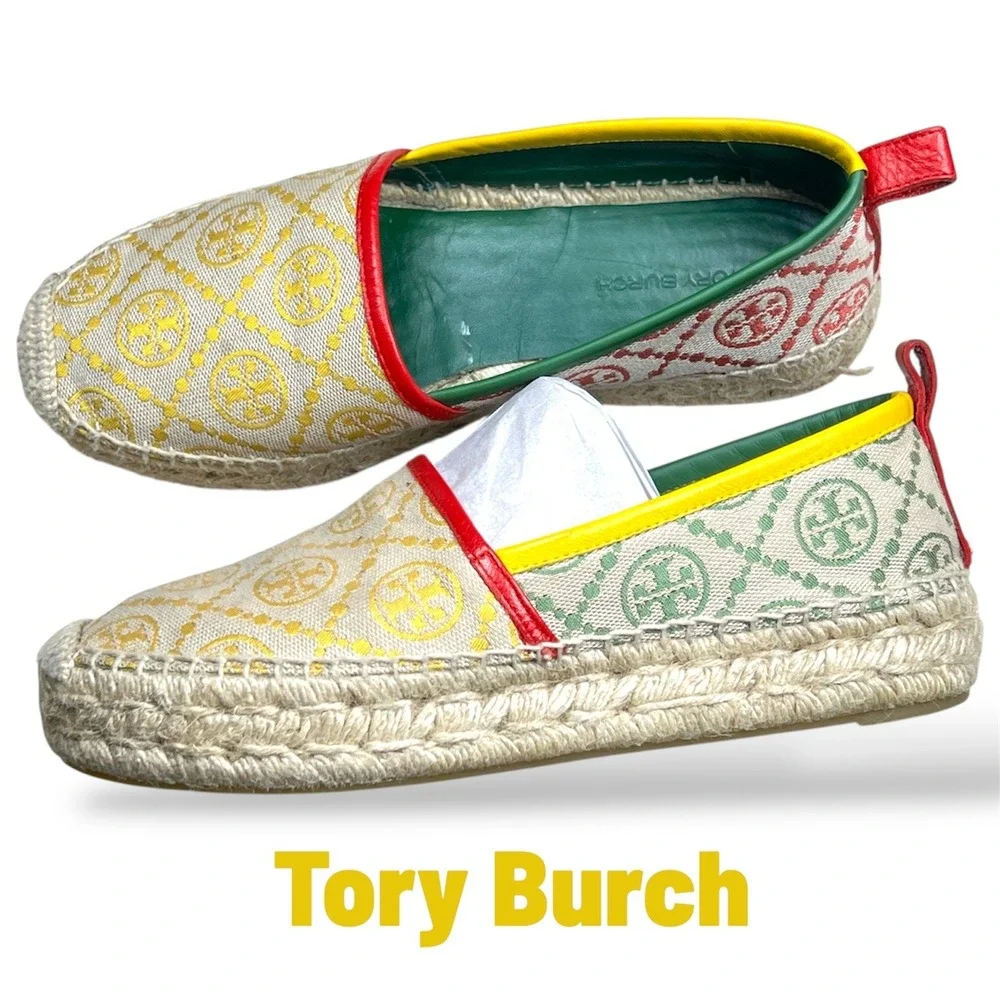 Tory Burch Espadrille Flats Tan Gold Logo Print Women's Size 5.5